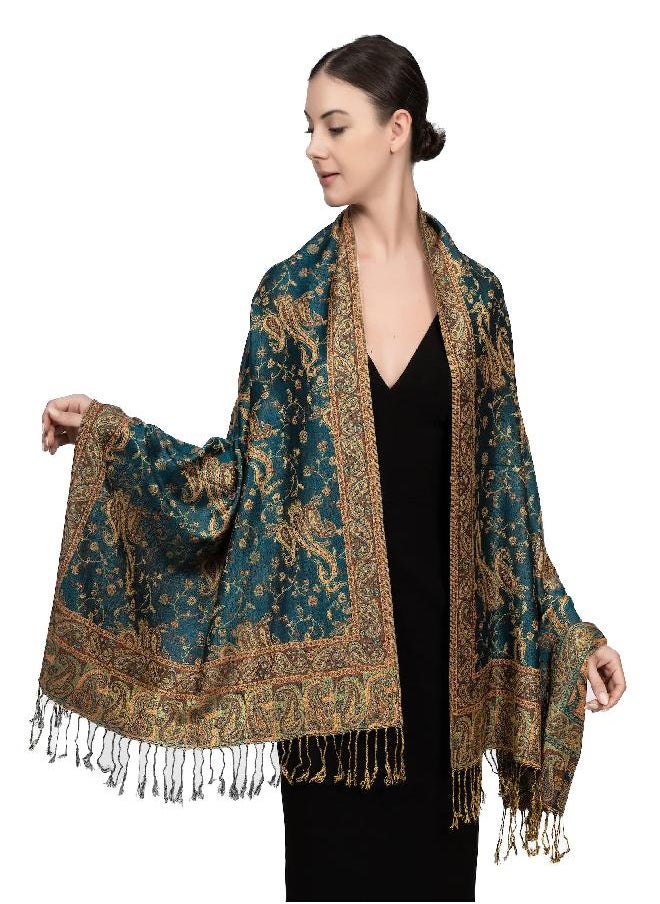 Achillea Soft Silky Reversible Paisley Pashmina Shawl Wrap Scarf w/Fringes (Dark Seagreen)