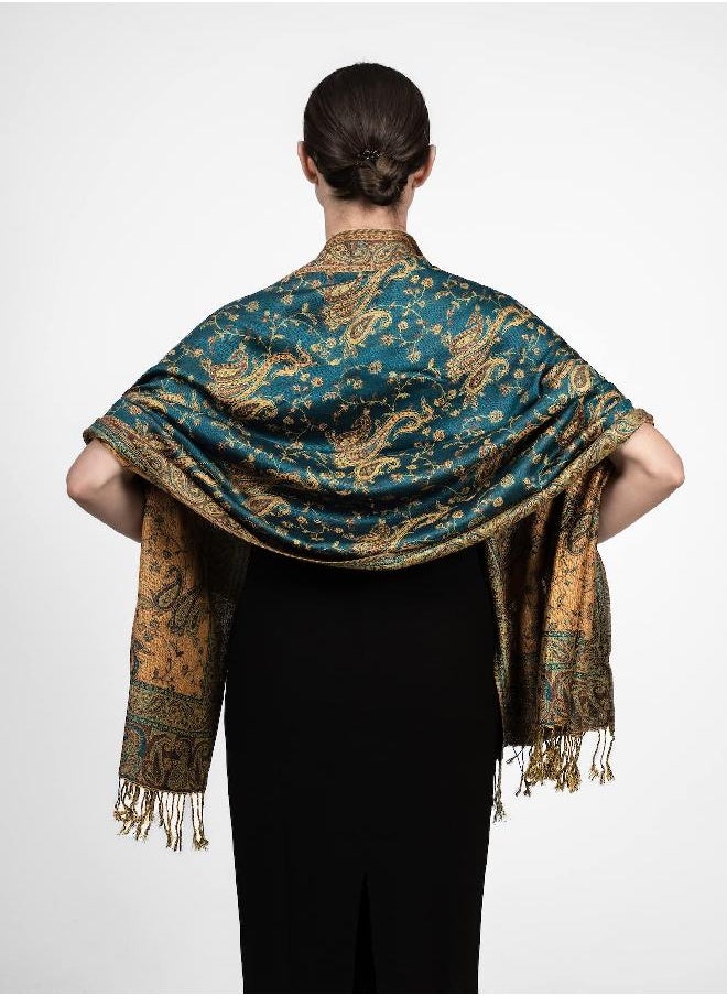 Achillea Soft Silky Reversible Paisley Pashmina Shawl Wrap Scarf w/Fringes (Dark Seagreen)