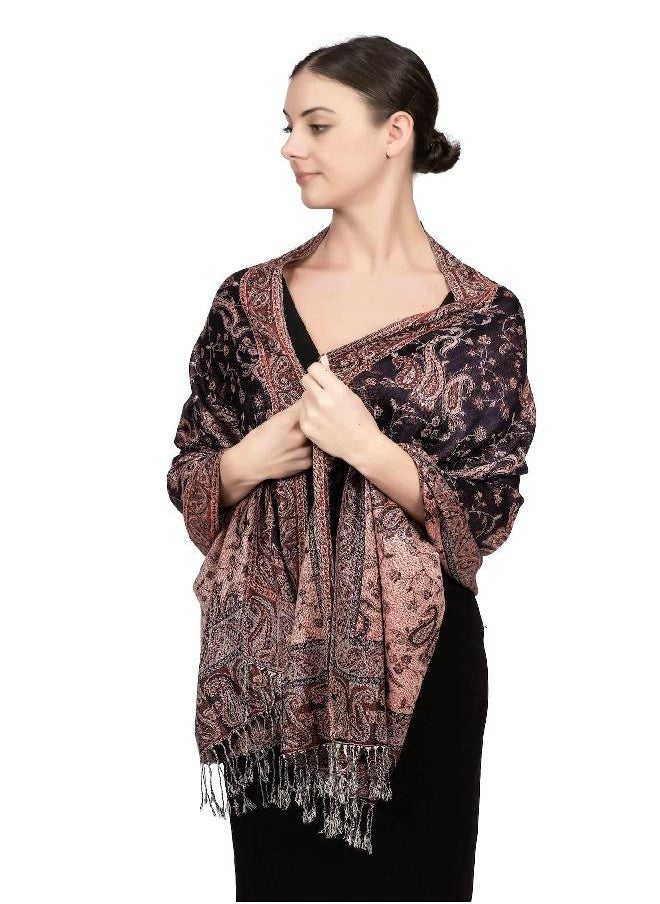 Achillea Soft Silky Reversible Paisley Pashmina Shawl Wrap Scarf w/Fringes (Dark Navy Rust)