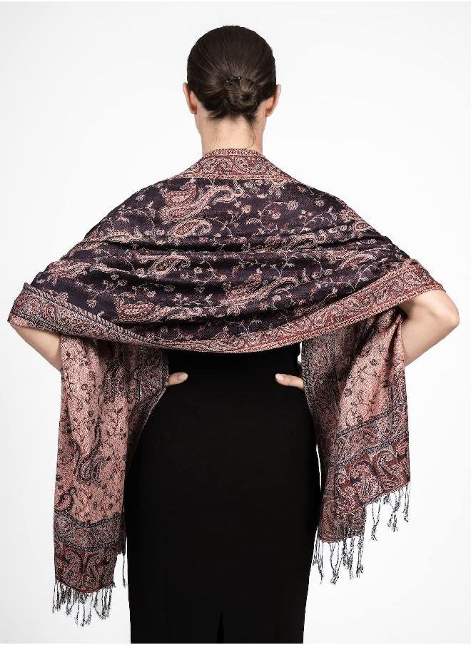 Achillea Soft Silky Reversible Paisley Pashmina Shawl Wrap Scarf w/Fringes (Dark Navy Rust)