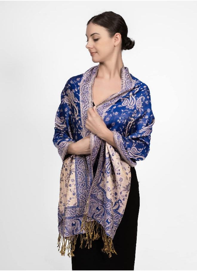 Achillea Soft Silky Reversible Paisley Pashmina Shawl Wrap Scarf w/Fringes (Royal Blue)