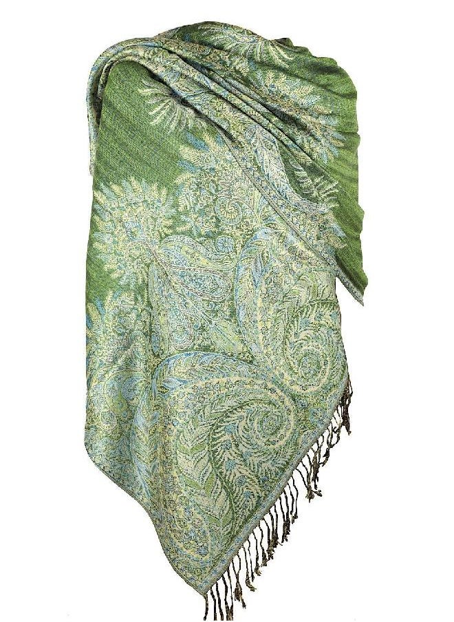 Achillea Luxurious Big Paisley Jacquard Layered Woven Pashmina Shawl Wrap Scarf Stole (Green)