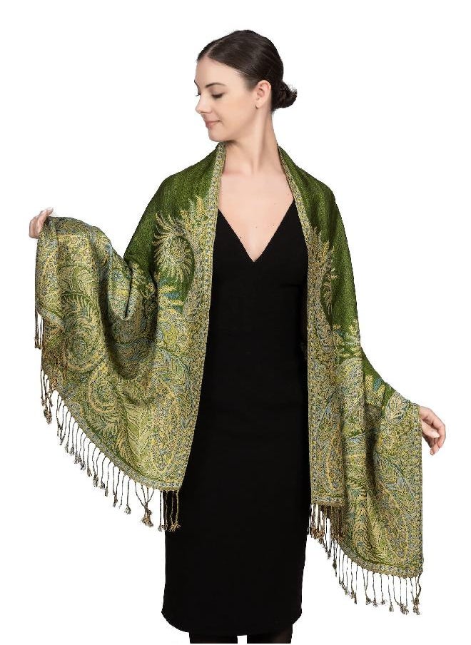 Achillea Luxurious Big Paisley Jacquard Layered Woven Pashmina Shawl Wrap Scarf Stole (Green)