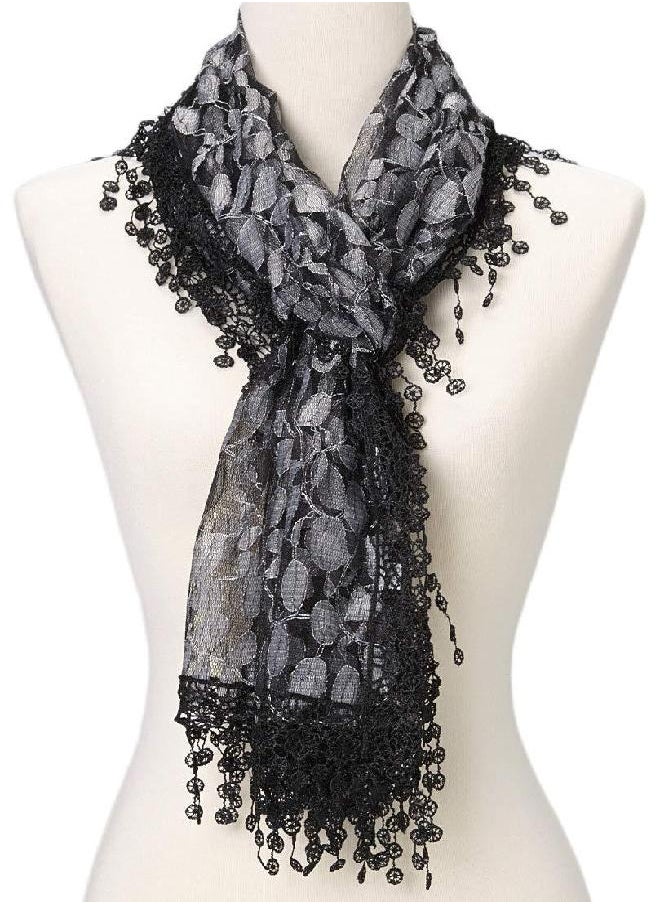 Cindy and Wendy Lightweight Soft Leaf Lace Fringes Scarf shawl wrap for Women,Black Grey,One Size