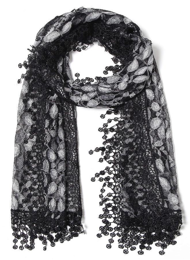 Cindy and Wendy Lightweight Soft Leaf Lace Fringes Scarf shawl wrap for Women,Black Grey,One Size