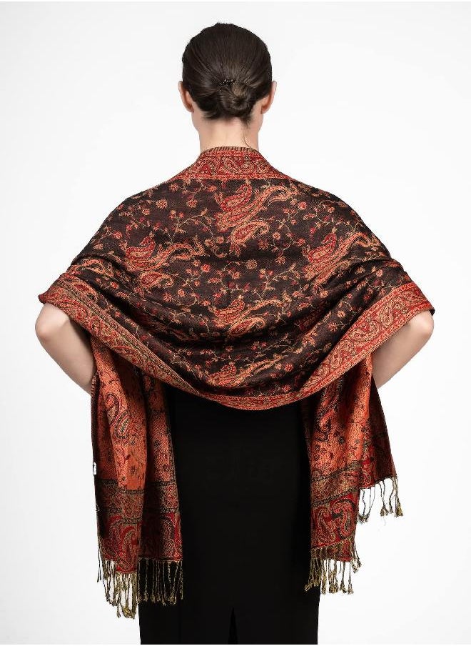 Achillea Soft Silky Reversible Paisley Pashmina Shawl Wrap Scarf w/Fringes (Black Red)