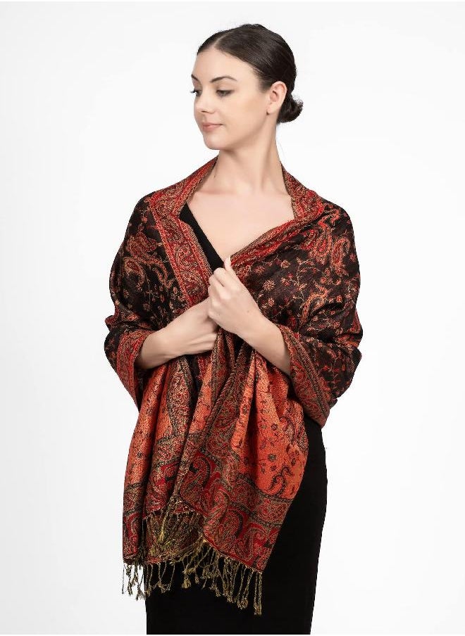 Achillea Soft Silky Reversible Paisley Pashmina Shawl Wrap Scarf w/Fringes (Black Red)