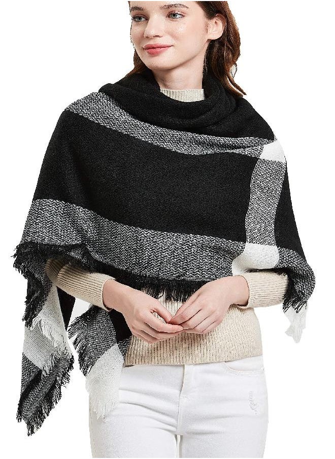 Wander Agio Womens Warm Blanket Scarf Square Shawls Infinity Scarves Stripe Big Plaid Black White 15