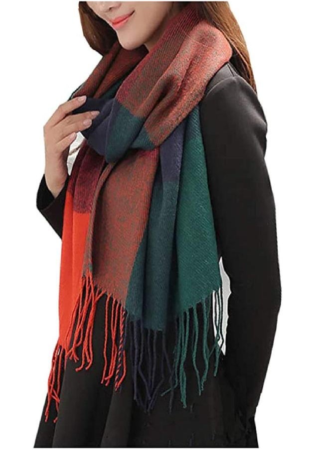 Wander Agio Womens Fashion Long Shawl Big Grid Winter Warm Lattice Large Scarf Orange Blue