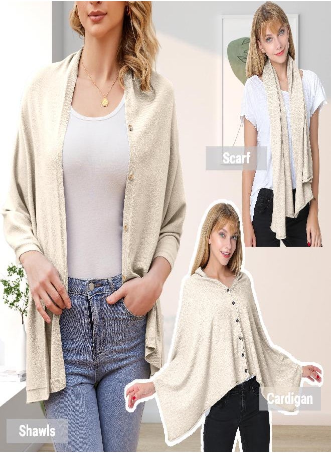 Womens Lightweight Kintted Poncho Sweater with Shell Button, Versatile Scarf Shawl Cape for Spring Summer Autumn, Barley Twist