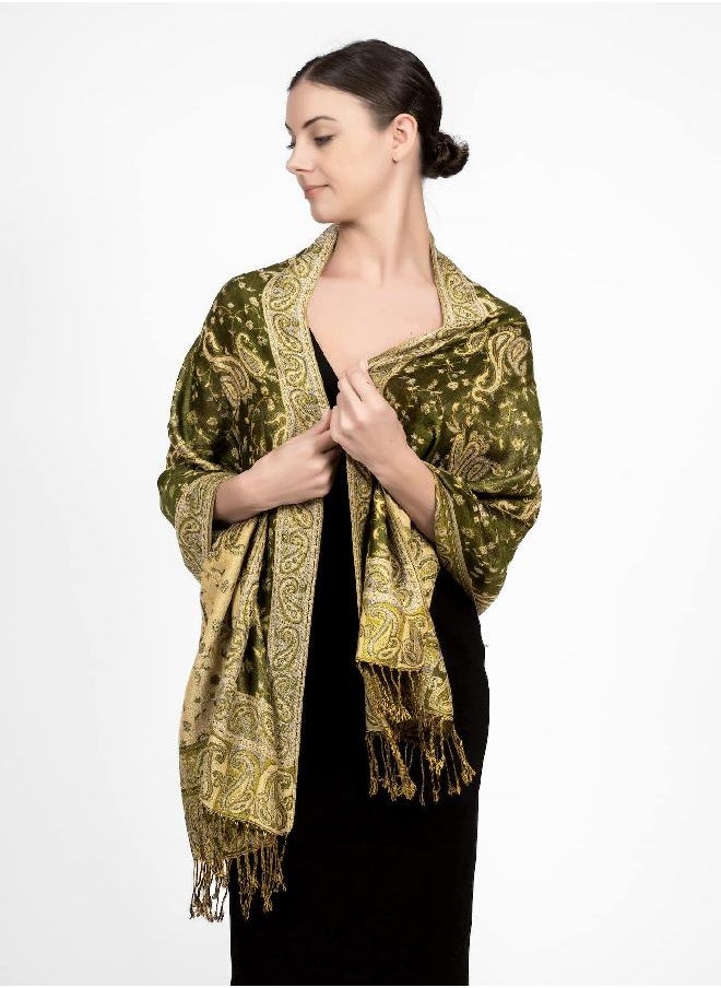 Achillea Soft Silky Reversible Paisley Pashmina Shawl Wrap Scarf w/Fringes (Dark Olive)