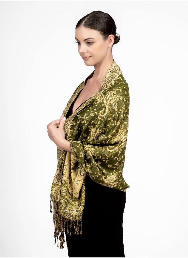 Achillea Soft Silky Reversible Paisley Pashmina Shawl Wrap Scarf w/Fringes (Dark Olive)