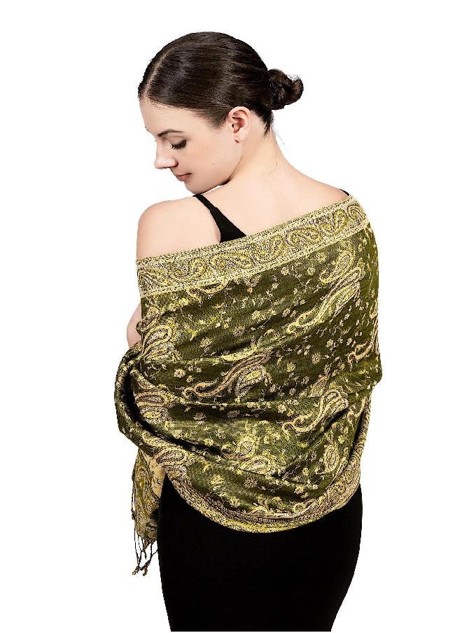 Achillea Soft Silky Reversible Paisley Pashmina Shawl Wrap Scarf w/Fringes (Dark Olive)