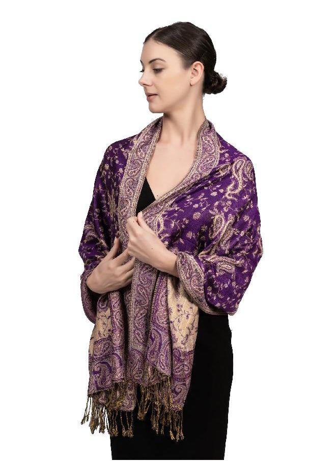 Achillea Soft Silky Reversible Paisley Pashmina Shawl Wrap Scarf w/Fringes (Purple)