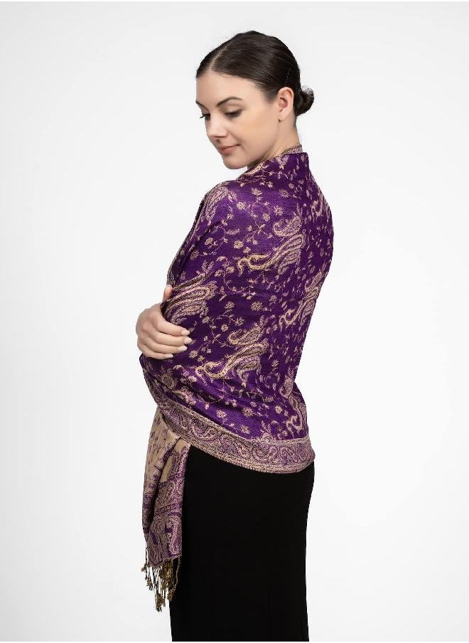 Achillea Soft Silky Reversible Paisley Pashmina Shawl Wrap Scarf w/Fringes (Purple)