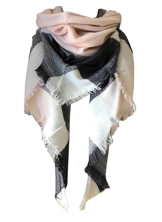 Wander Agio Womens Warm Scarf Triangle Winter Shawls Large Scarves Stripe Plaid Fichu Big Plaid Grey Pink 11