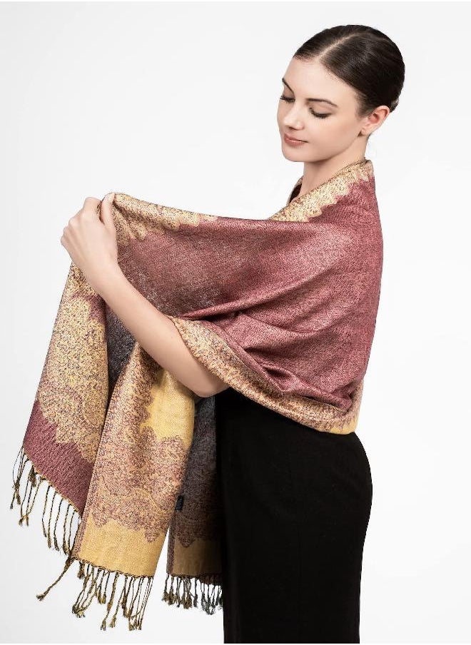 Achillea Soft Silky Reversible Paisley Pashmina Shawl Wrap Scarf w/Fringes (Border Orchid)