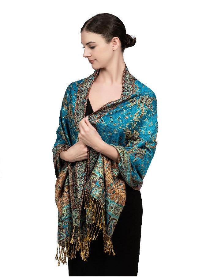 Achillea Soft Silky Reversible Paisley Pashmina Shawl Wrap Scarf w/Fringes (Teal)