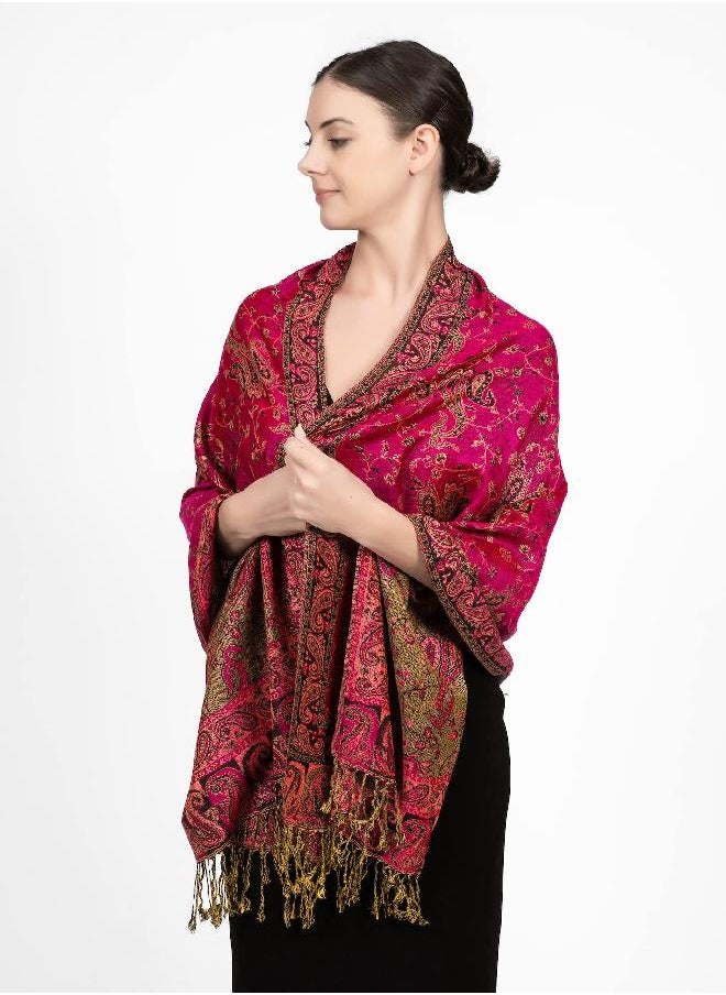 Achillea Soft Silky Reversible Paisley Pashmina Shawl Wrap Scarf w/Fringes (Fuchsia)