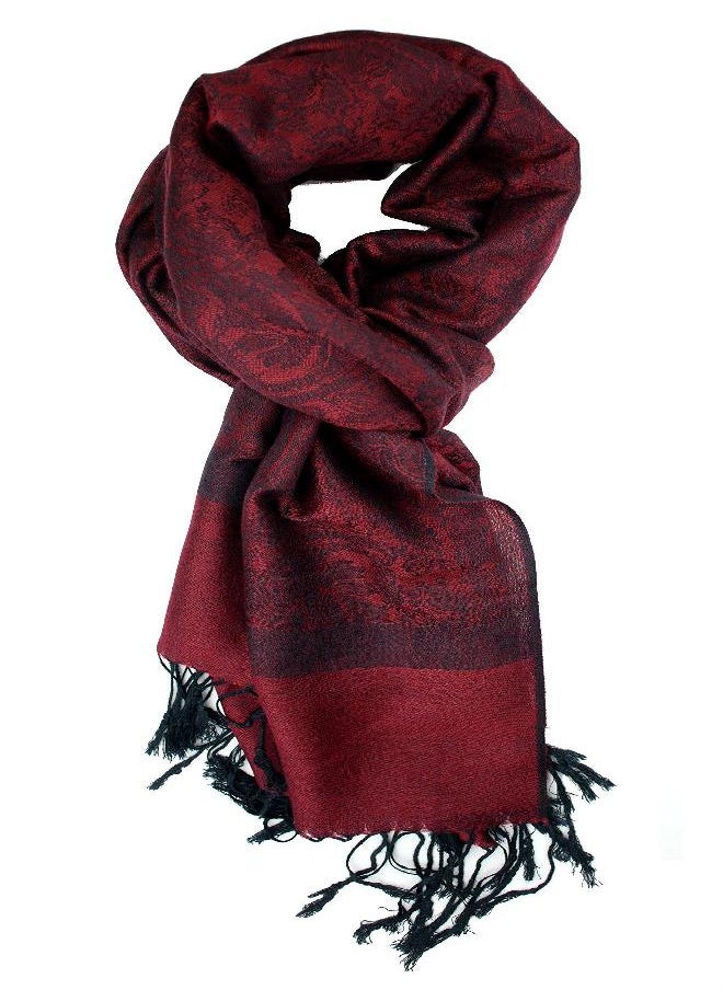 Plum Feathers Tapestry Ethnic Paisley Pattern Pashmina Scarf (Wine Red)