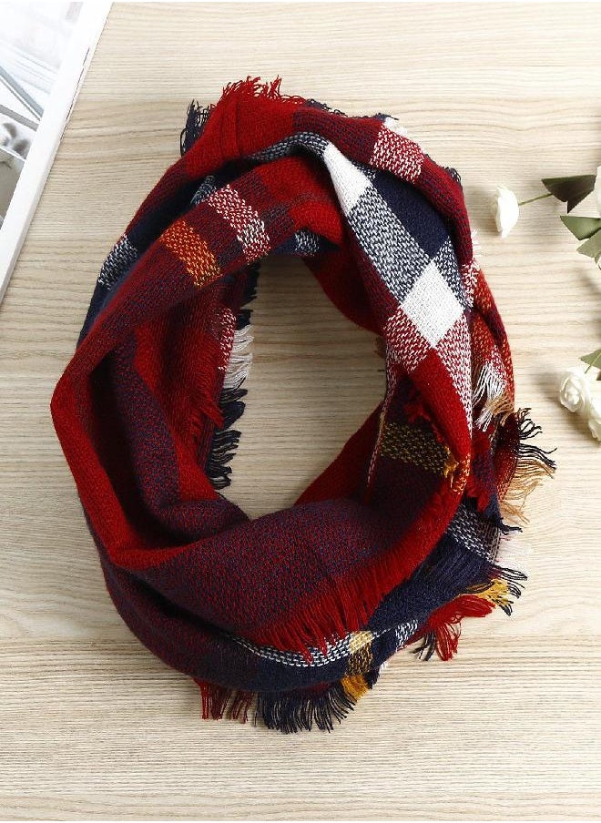 Wander Agio Womens Winter Head Hair Wraps Circle Scarves Warm Plaid Scarf Wine Red 16