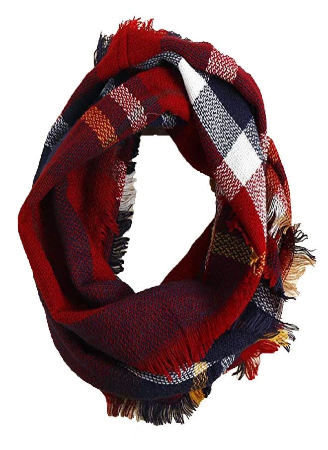 Wander Agio Womens Winter Head Hair Wraps Circle Scarves Warm Plaid Scarf Wine Red 16