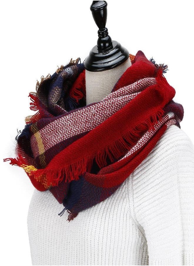 Wander Agio Womens Winter Head Hair Wraps Circle Scarves Warm Plaid Scarf Wine Red 16