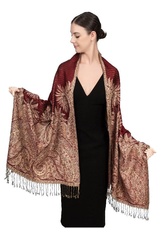 Achillea Luxurious Big Paisley Jacquard Layered Woven Pashmina Shawl Wrap Scarf Stole (Burgundy)