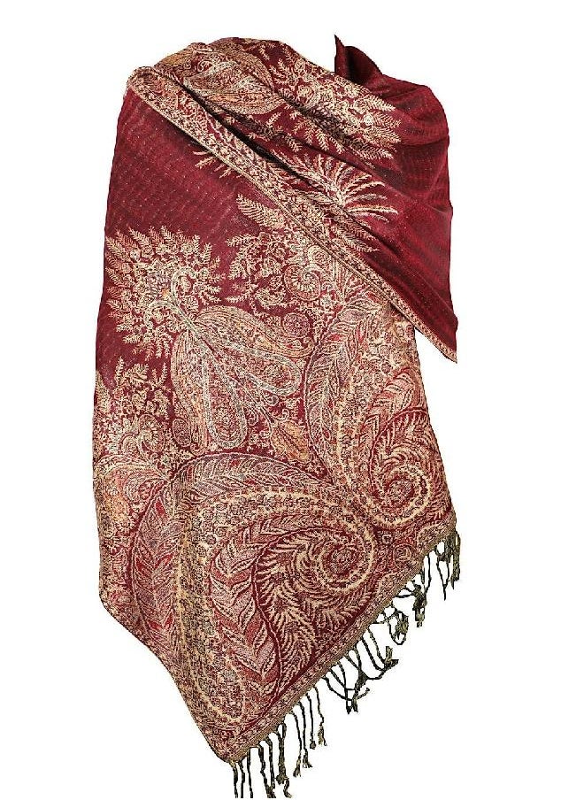 Achillea Luxurious Big Paisley Jacquard Layered Woven Pashmina Shawl Wrap Scarf Stole (Burgundy)