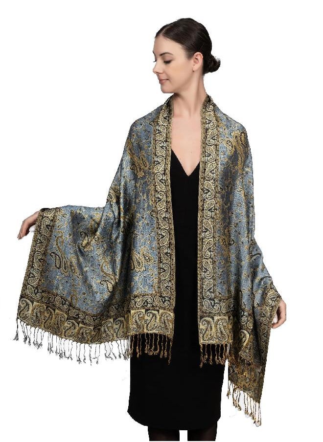 Achillea Soft Silky Reversible Paisley Pashmina Shawl Wrap Scarf w/Fringes (Steel Blue)