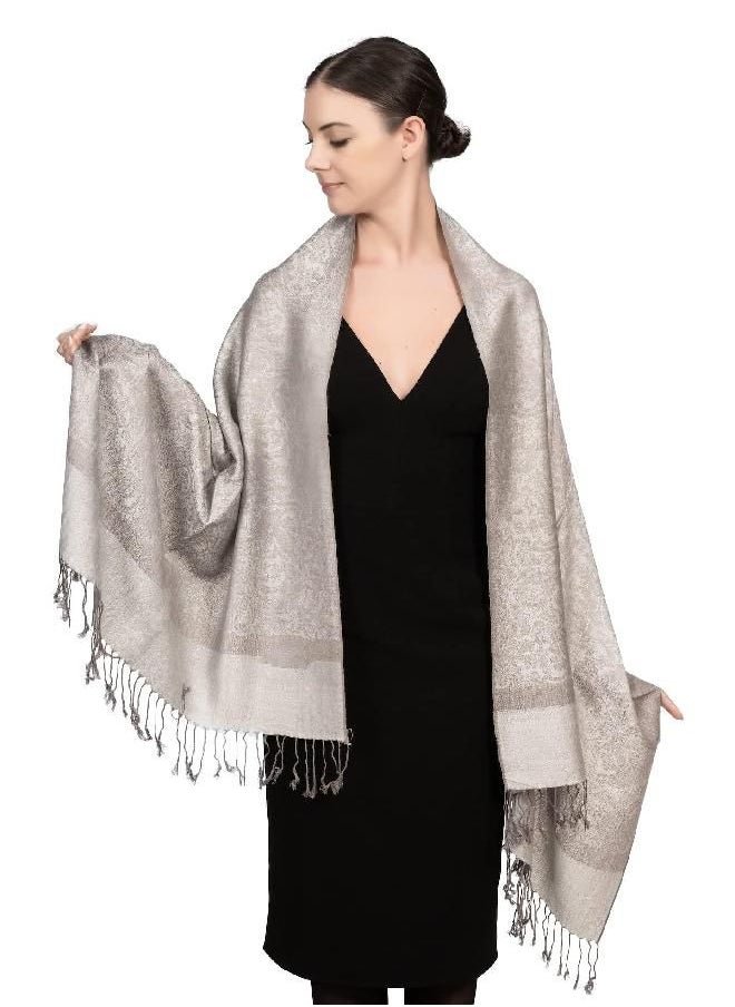 Achillea Two Tone Vintage Jacquard Paisley Pashmina Shawl Wrap Scarf (Silver Grey)