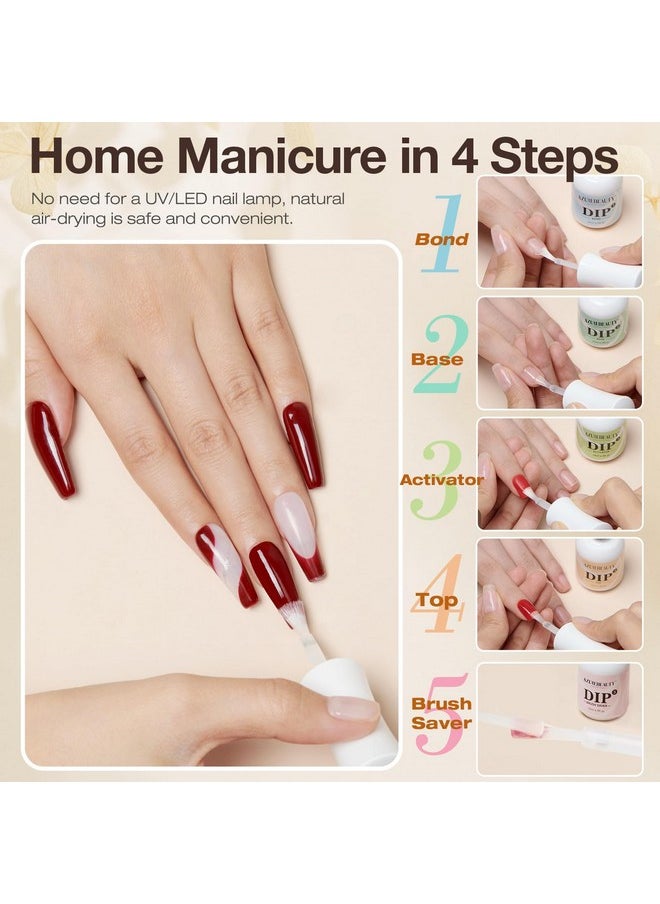 5+3 Pcs Dip Powder Liquid Set - 15Ml/0.5Oz Large Capacity Dipping Powder Base & Top, Bond, Activator, Brush Saver For Dip Powder Nail Kit Salon Home No Nail Lamp Needed
