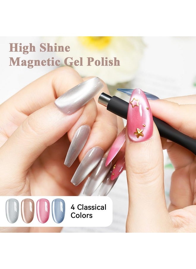 Moonlight Cat Eye Gel Polish For Nail 10Ml, Magnetic Shimmer Crystal Cateye Gel With Magnet Stick Silver Blue Gloss Aurora Manicure Set For Ladies Home Salon Diy Nail Art