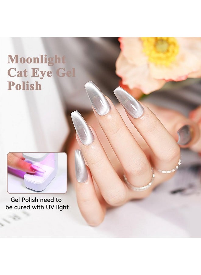 Moonlight Cat Eye Gel Polish For Nail 10Ml, Magnetic Shimmer Crystal Cateye Gel With Magnet Stick Silver Blue Gloss Aurora Manicure Set For Ladies Home Salon Diy Nail Art