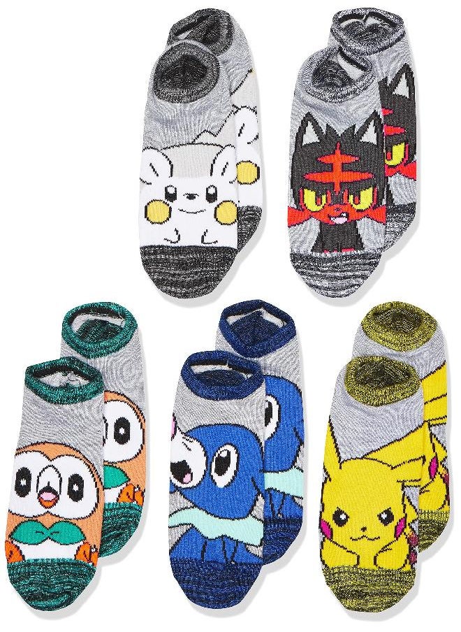 Pokemon boys 5 Pack No Show Casual Sock, Grey Light, Sock Size 6-8.5 US