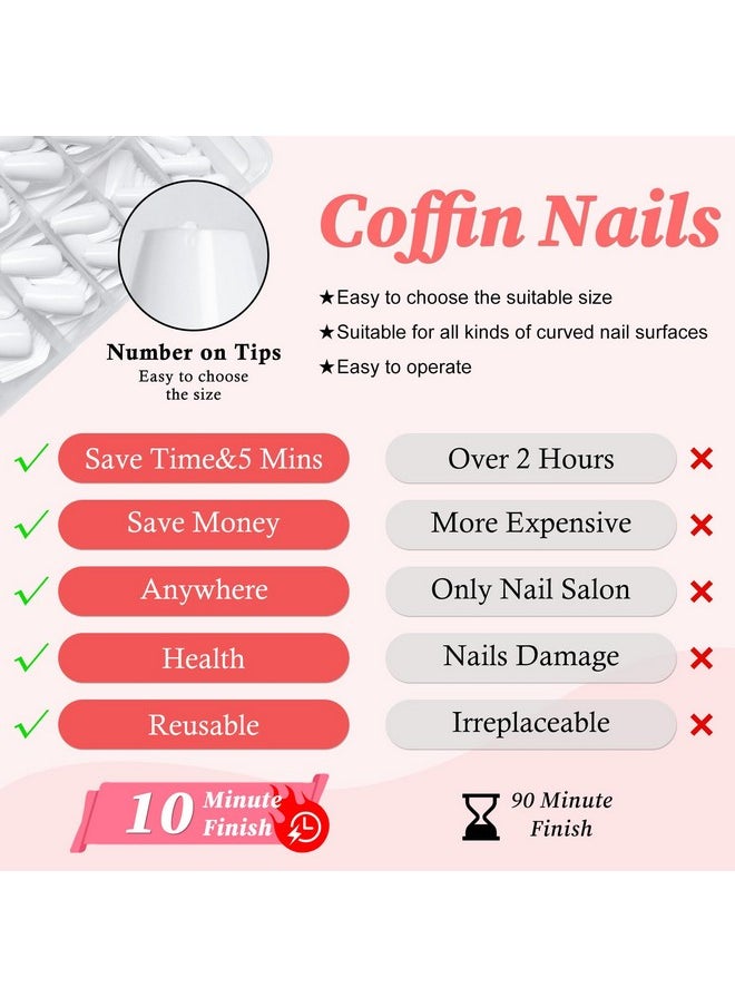 240Pc Coffin Press On Nails Medium Fake Nails White Glue On Nails Short Ballerina Coffin Nails Press Ons Acrylic Nails False Nails Full Cover Artificial Fingernails With Adhesive Tabs