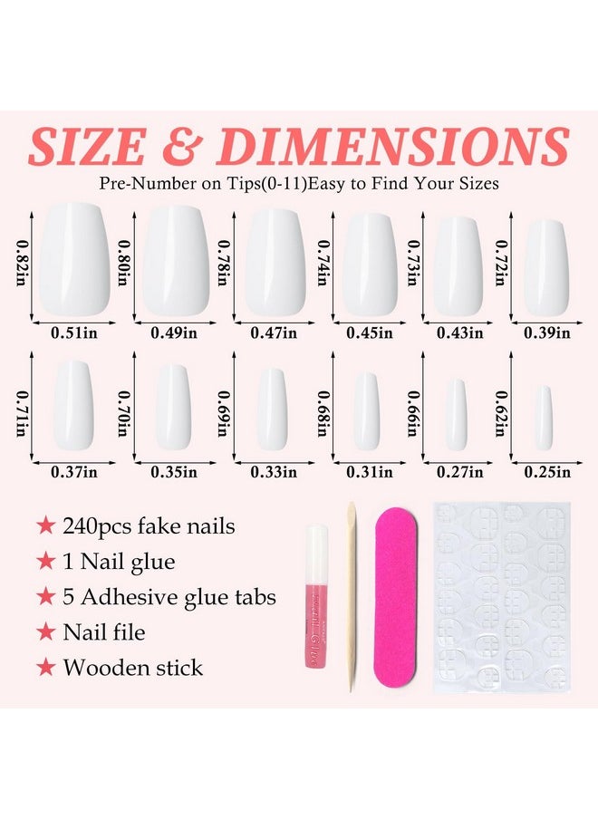 240Pc Coffin Press On Nails Medium Fake Nails White Glue On Nails Short Ballerina Coffin Nails Press Ons Acrylic Nails False Nails Full Cover Artificial Fingernails With Adhesive Tabs