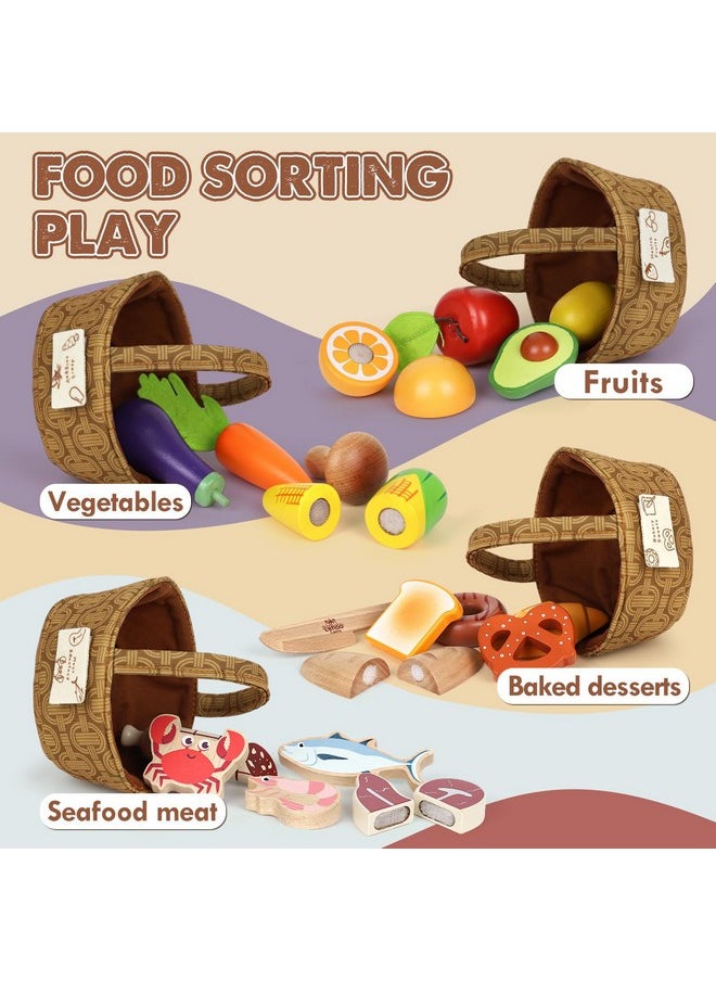 Wooden Play Food For Toddlers, Pretend Play Kitchen Accessories, 4 Food Groups, Montessori Sorting Toys For Toddlers 3-5, Cutting Fruits Toys For Boys Girls Kids Ages 4-8