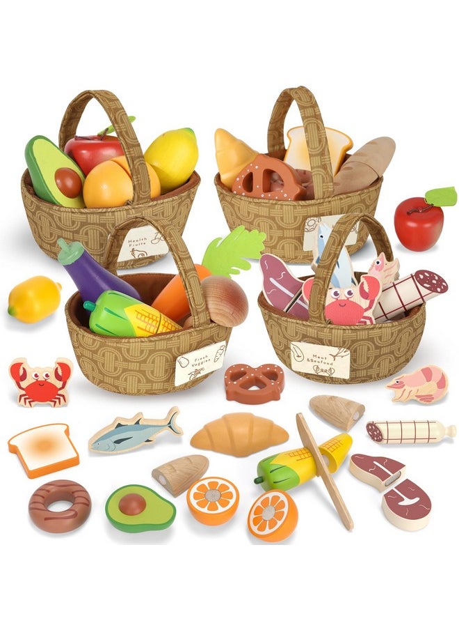 Wooden Play Food For Toddlers, Pretend Play Kitchen Accessories, 4 Food Groups, Montessori Sorting Toys For Toddlers 3-5, Cutting Fruits Toys For Boys Girls Kids Ages 4-8
