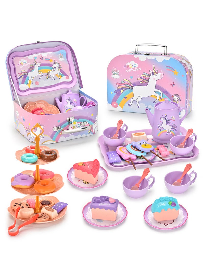 Cute Simulation Afternoon Tea Set Toys Girls Play House Afternoon Tea Set Dessert Cake Coffee Break Portable Gift Box Set Unicorn Afternoon Tea, Portable Gift Box (44pcs)