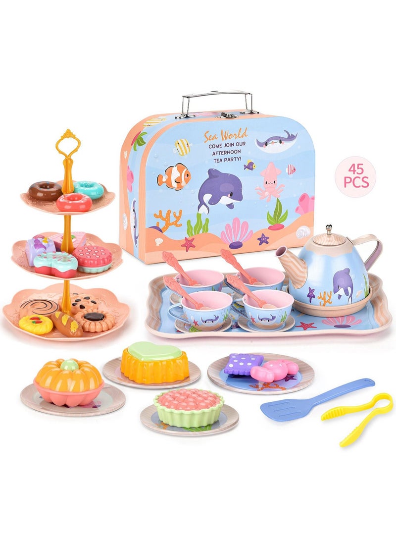 Cute Simulation Afternoon Tea Set Toys Girls Play House Afternoon Tea Set Dessert Cake Coffee Break Portable Gift Box Set Ocean Tinplate Afternoon Tea, Portable Gift Box (45pcs)