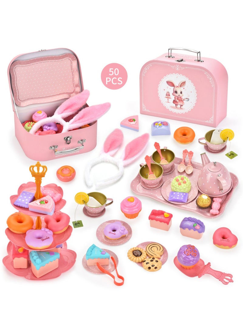 Cute Simulation Afternoon Tea Set Toys Girls Play House Afternoon Tea Set Dessert Cake Coffee Break Portable Gift Box Set Pink Rabbit Princess Tinplate Afternoon Tea, Portable Gift Box (50pcs)