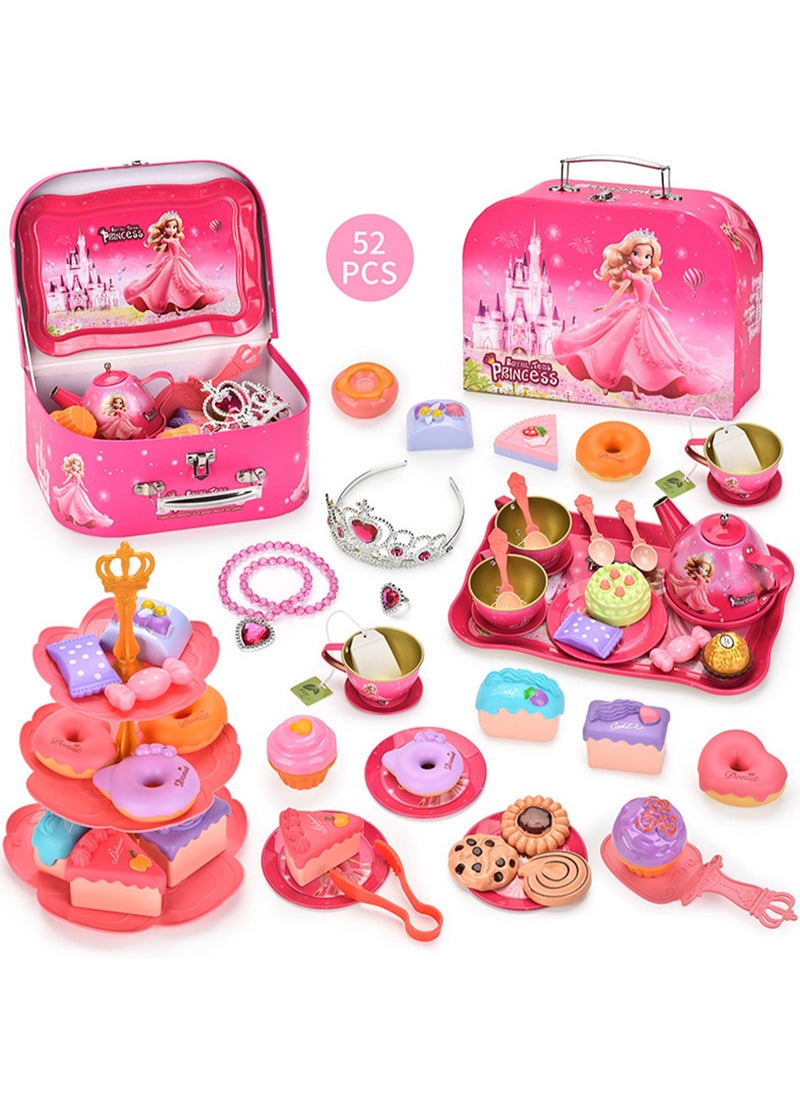 Cute Simulation Afternoon Tea Set Toys Girls Play House Afternoon Tea Set Dessert Cake Coffee Break Portable Gift Box Set Royal Princess Tinplate Afternoon Tea, Portable Gift Box (52pcs)