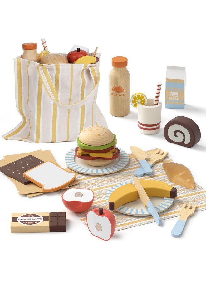 Play Food Sets For Kids Kitchen, Wooden Toys Food For Toddlers 1-3, Pretend Picnic Play Set, Cutting Food Toys, Gift For Girls Boys 3 4 5 6