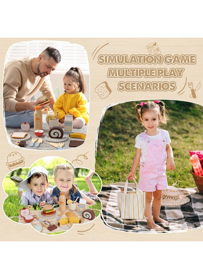 Play Food Sets For Kids Kitchen, Wooden Toys Food For Toddlers 1-3, Pretend Picnic Play Set, Cutting Food Toys, Gift For Girls Boys 3 4 5 6