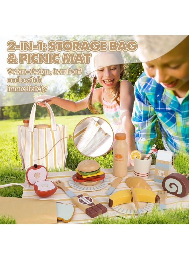 Play Food Sets For Kids Kitchen, Wooden Toys Food For Toddlers 1-3, Pretend Picnic Play Set, Cutting Food Toys, Gift For Girls Boys 3 4 5 6