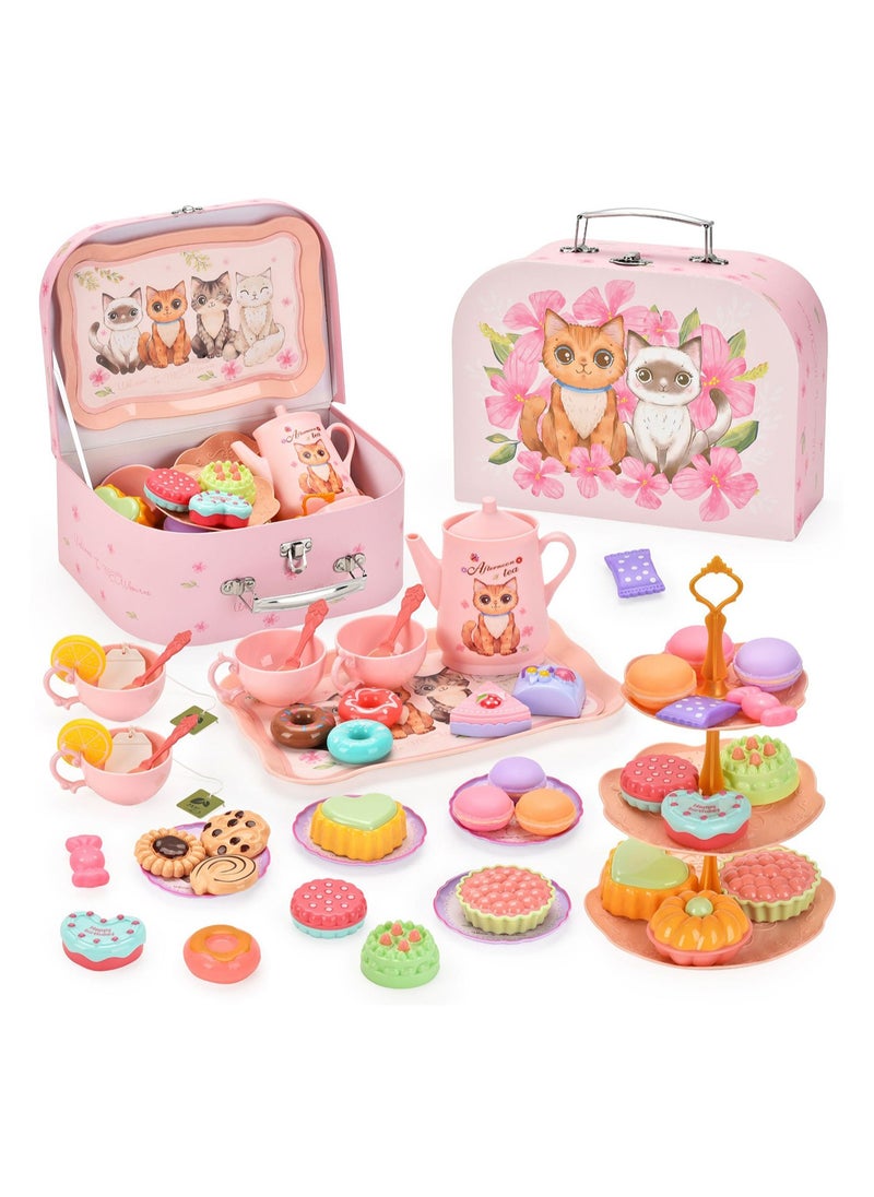 Cute Simulation Afternoon Tea Set Toys Girls Play House Afternoon Tea Set Dessert Cake Coffee Break Portable Gift Box Set Kitten Afternoon Tea, Portable Gift Box (46pcs)