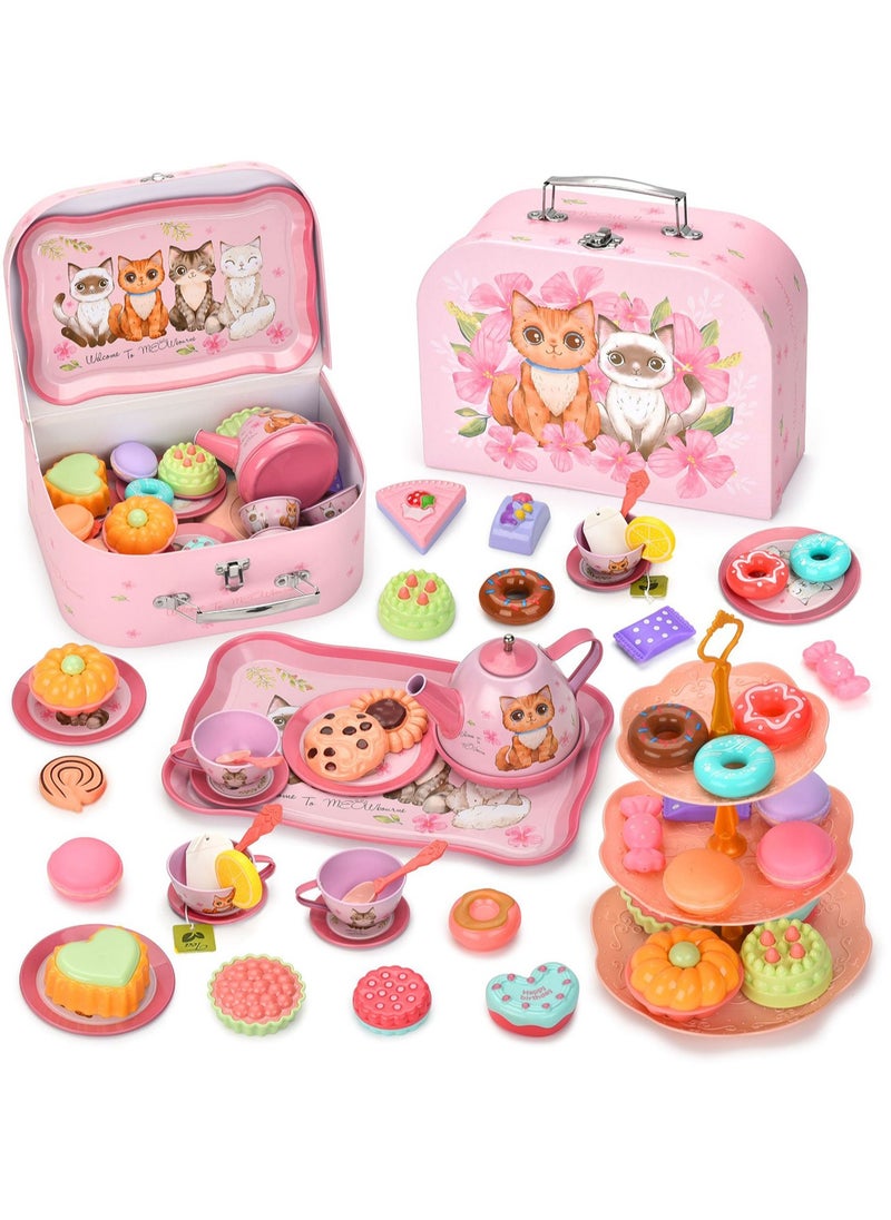 Cute Simulation Afternoon Tea Set Toys Girls Play House Afternoon Tea Set Dessert Cake Coffee Break Portable Gift Box Set Kitten Tinplate Afternoon Tea, Portable Gift Box (50pcs)