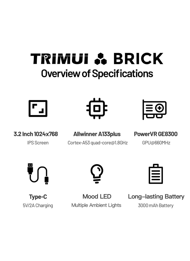 Trimui Brick Handheld Game Linux Console T3040 Portable Open-Source Allwinner A133P PowerVR GE8300 3.2 inches IPS Full-fit Screen Built-in Mono Microphone 3000mAh