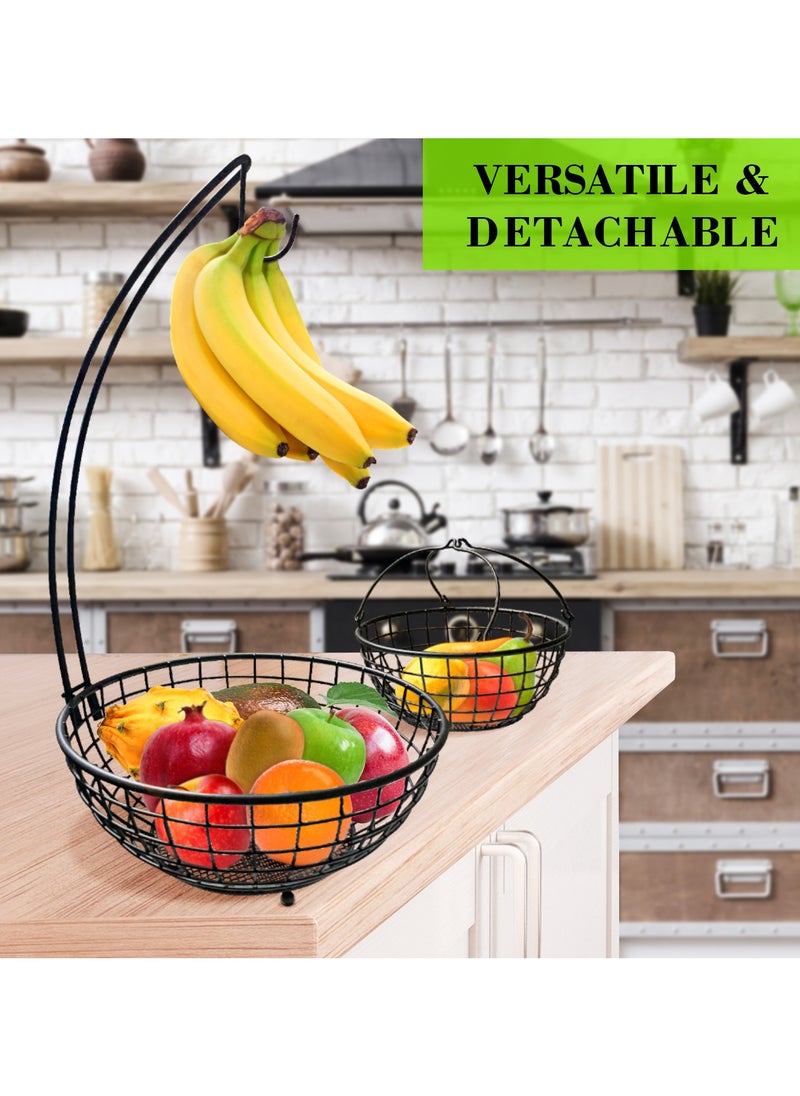 Fruit Basket, Strong Metal Fruit Bowl, 2 Tier Fruit Basket with Banana Hanger, Detachable Holder Stand Fruit Basket for Home